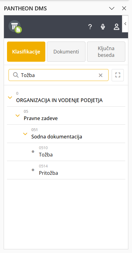PANTHEON DMS - iskanje po klasifikacijah