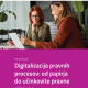 Naslovnica priročnika: Digitalizacija pravnih procesov – dve pravnici ob računalniku med pogovorom o digitalnih rešitvah.
